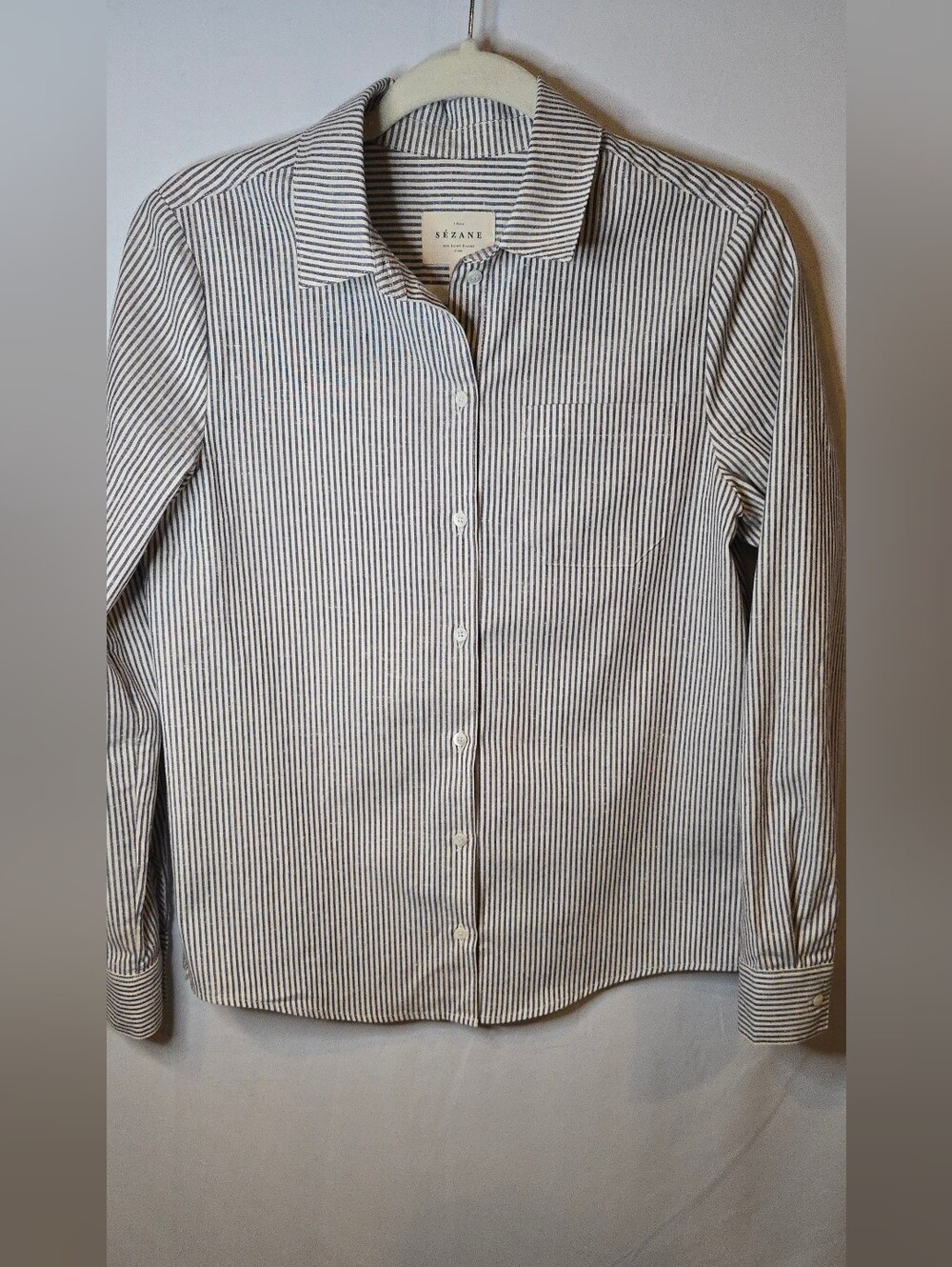 Sezane Tomboy Poplin Stripes Ecru/Blue Button-Up Shirt Women's XS/2 - Picture 2 of 8